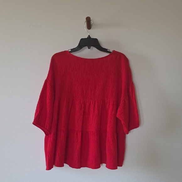 PATRIZIA LUCA Split Neck Long Sleeve Gauze Top In Red - Picture 5 of 5